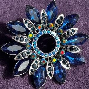Blue Navette Rhinestone Starburst Brooch Pin Sapphire AB Crystal Silver Tone